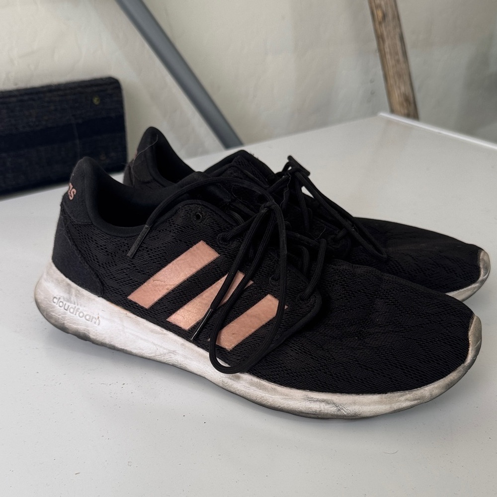 Adidas Women's Black Sneakers with Pink Stripes